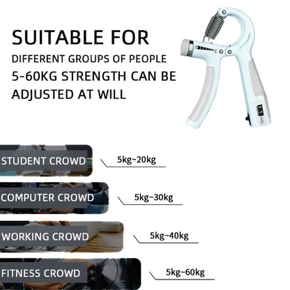 Hand Grip Ajustável 5-60kg com Contador em cor azul, ideal para treino de força das mãos e antebraços.