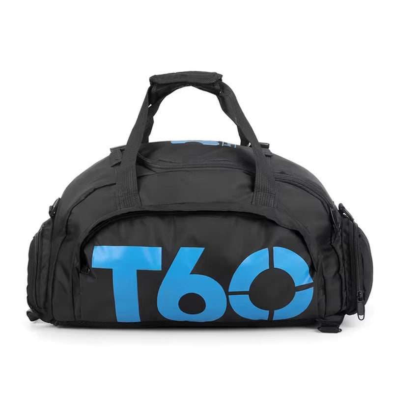 Mala de ginásio impermeável T60 em preto com letras azuis, ideal para treino e viagem. Mala de ginásio impermeável T60 em preto com letras azuis, ideal para treino e viagem.