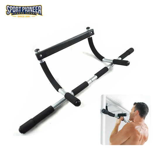 Barra de Elevações Ajustável Porta para treino em casa com design ergonómico e suportes de mão confortáveis.