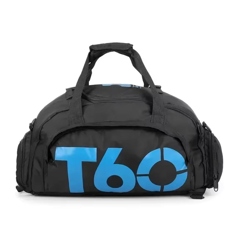 Mala de ginásio impermeável T60 em preto com letras azuis, ideal para treino e viagem.