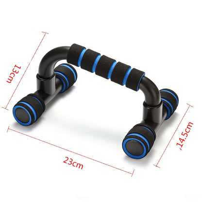 Par de push up stands para exercício, com pega de esponja e design ergonómico, ideal para treinos de fitness.