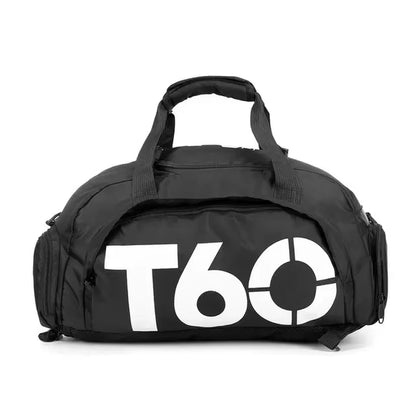 Mala de ginásio impermeável T60 em preto com letras azuis, ideal para treino e viagem. Mala de ginásio impermeável T60 em preto com letras azuis, ideal para treino e viagem.