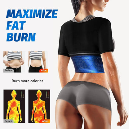 magem de uma mulher usando um sauna suit feminino durante treino, com aumento de suor e queima de calorias.