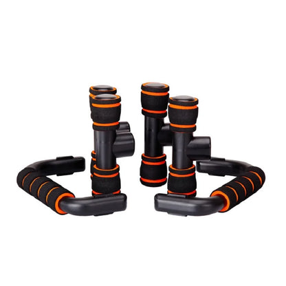 Par de push up stands para exercício, com pega de esponja e design ergonómico, ideal para treinos de fitness.