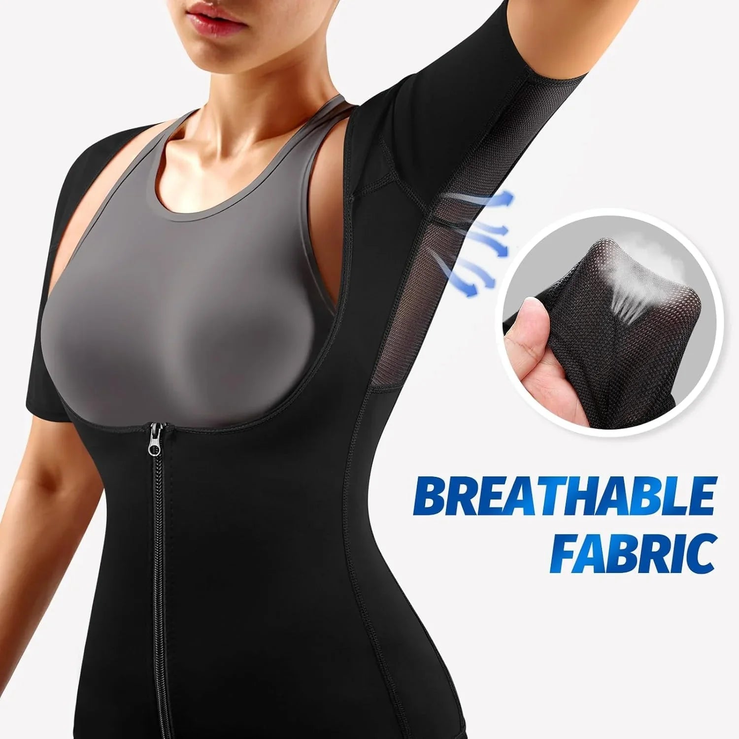 magem de uma mulher usando um sauna suit feminino durante treino, com aumento de suor e queima de calorias.