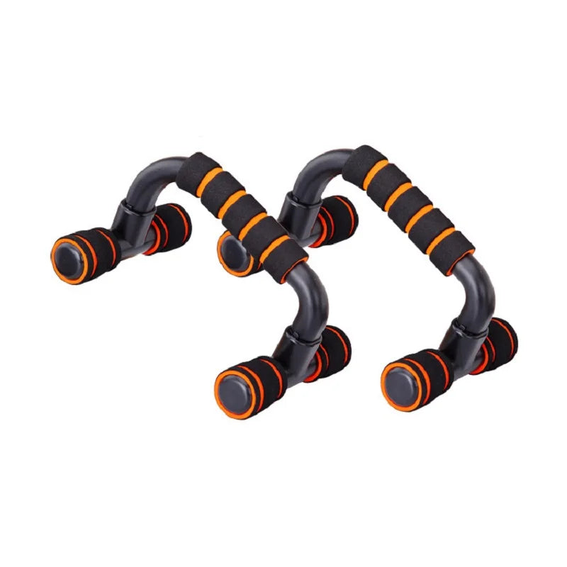 Par de push up stands para exercício, com pega de esponja e design ergonómico, ideal para treinos de fitness.