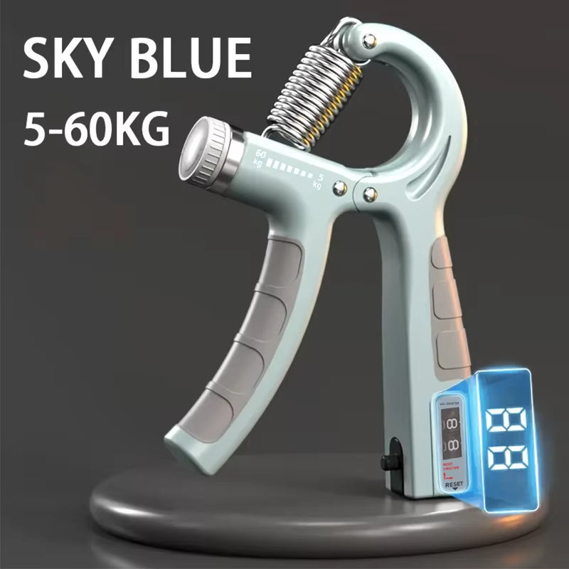 Hand Grip Ajustável 5-60kg com Contador em cor azul, ideal para treino de força das mãos e antebraços.