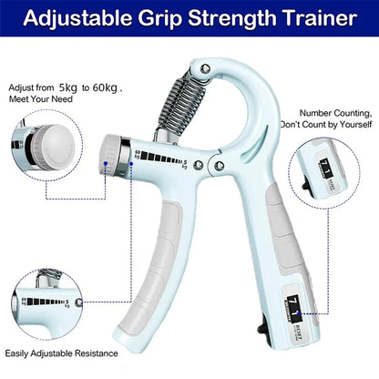 Hand Grip Ajustável 5-60kg com Contador em cor azul, ideal para treino de força das mãos e antebraços.