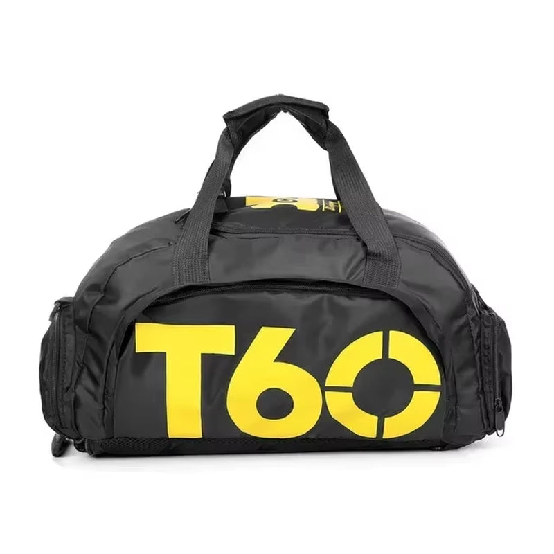 Mala de ginásio impermeável T60 em preto com letras azuis, ideal para treino e viagem. Mala de ginásio impermeável T60 em preto com letras azuis, ideal para treino e viagem.