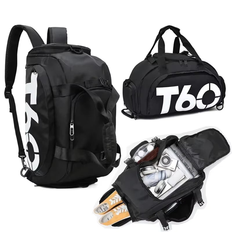 Mala de ginásio impermeável T60 em preto com letras azuis, ideal para treino e viagem. Mala de ginásio impermeável T60 em preto com letras azuis, ideal para treino e viagem.