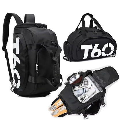 Mala de ginásio impermeável T60 em preto com letras azuis, ideal para treino e viagem. Mala de ginásio impermeável T60 em preto com letras azuis, ideal para treino e viagem.