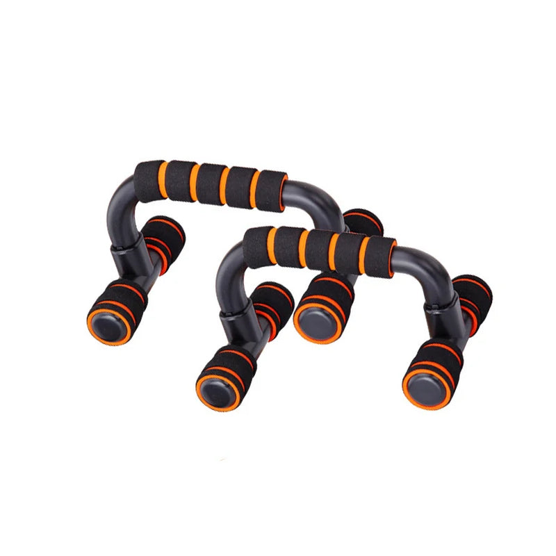 Par de push up stands para exercício, com pega de esponja e design ergonómico, ideal para treinos de fitness.