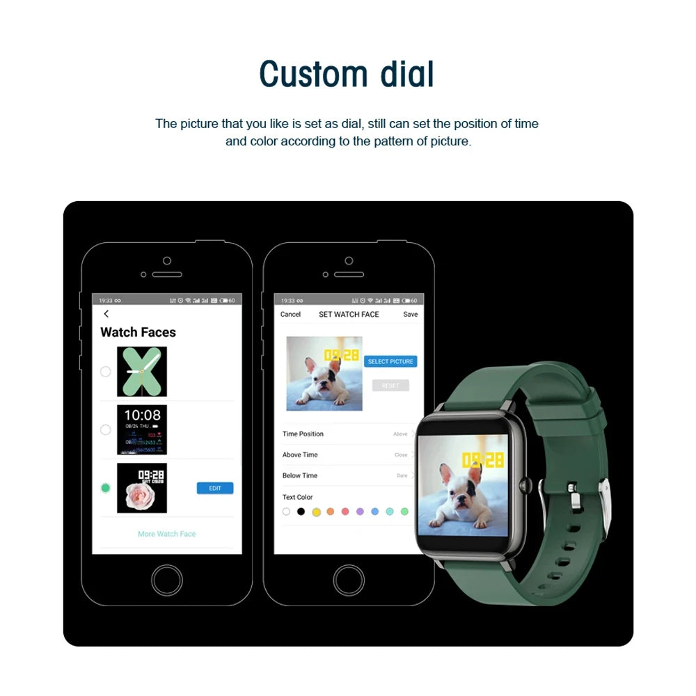 Smart watch fitness tracker com dial personalizado e configuração de mostradores em aplicativo HeroBand III.