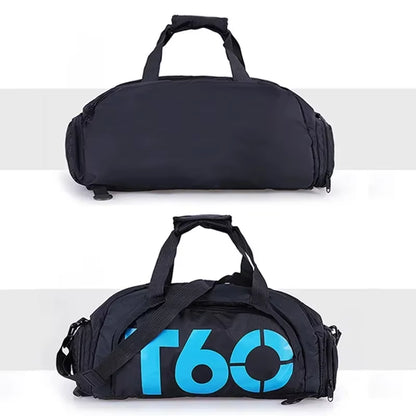 T60 Waterproof Gym Sports Bags Men Women Molle FMala de ginásio impermeável T60 em preto com letras azuis, ideal para treino e viagem. Mala de ginásio impermeável T60 em preto com letras azuis, ideal para treino e viagem.itness Training Backpacks Multifunctional Travel/Luggage Bolsa Shoulder Handbags