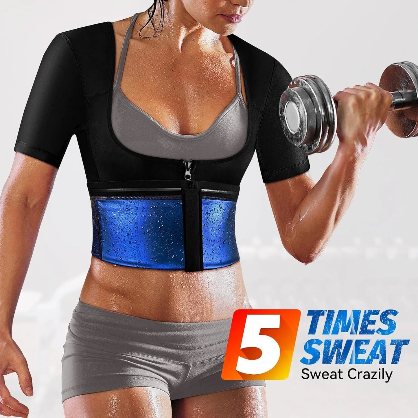 magem de uma mulher usando um sauna suit feminino durante treino, com aumento de suor e queima de calorias.
