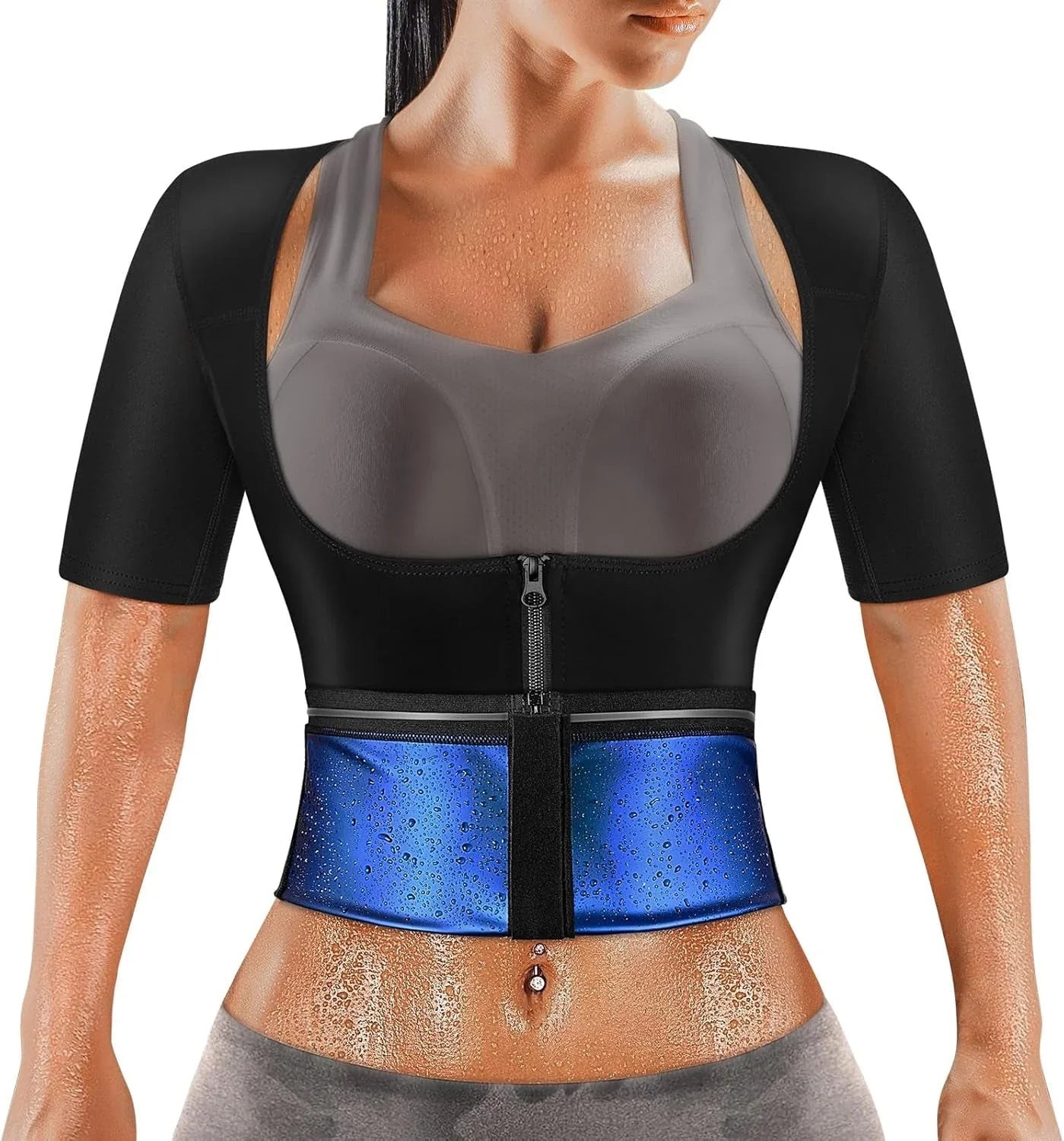 Imagem de uma mulher usando um sauna suit feminino durante treino, com aumento de suor e queima de calorias.