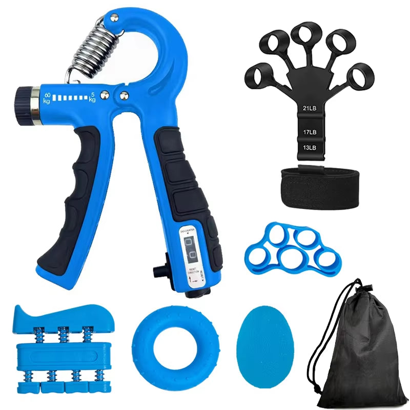 Hand Grip Ajustável 5-60kg com Contador em cor azul, ideal para treino de força das mãos e antebraços.